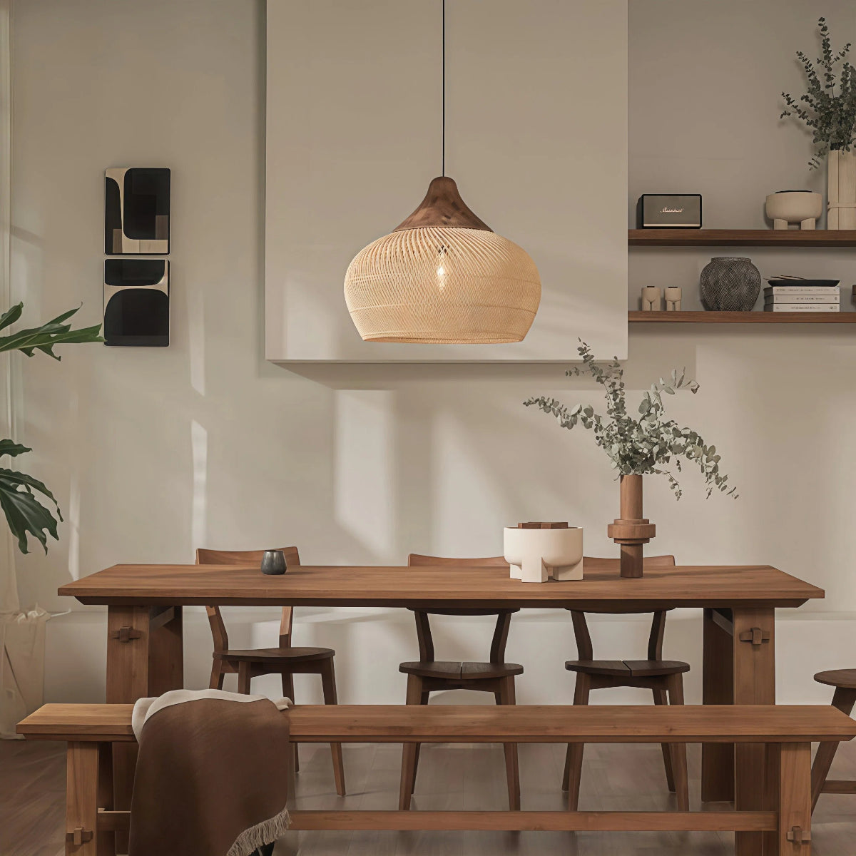 Hanglamp Bohemian Rotan met Houten Top en Gevlochten Kap