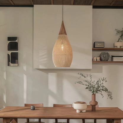 Hanglamp Bohemian Rotan met Houten Top en Gevlochten Kap