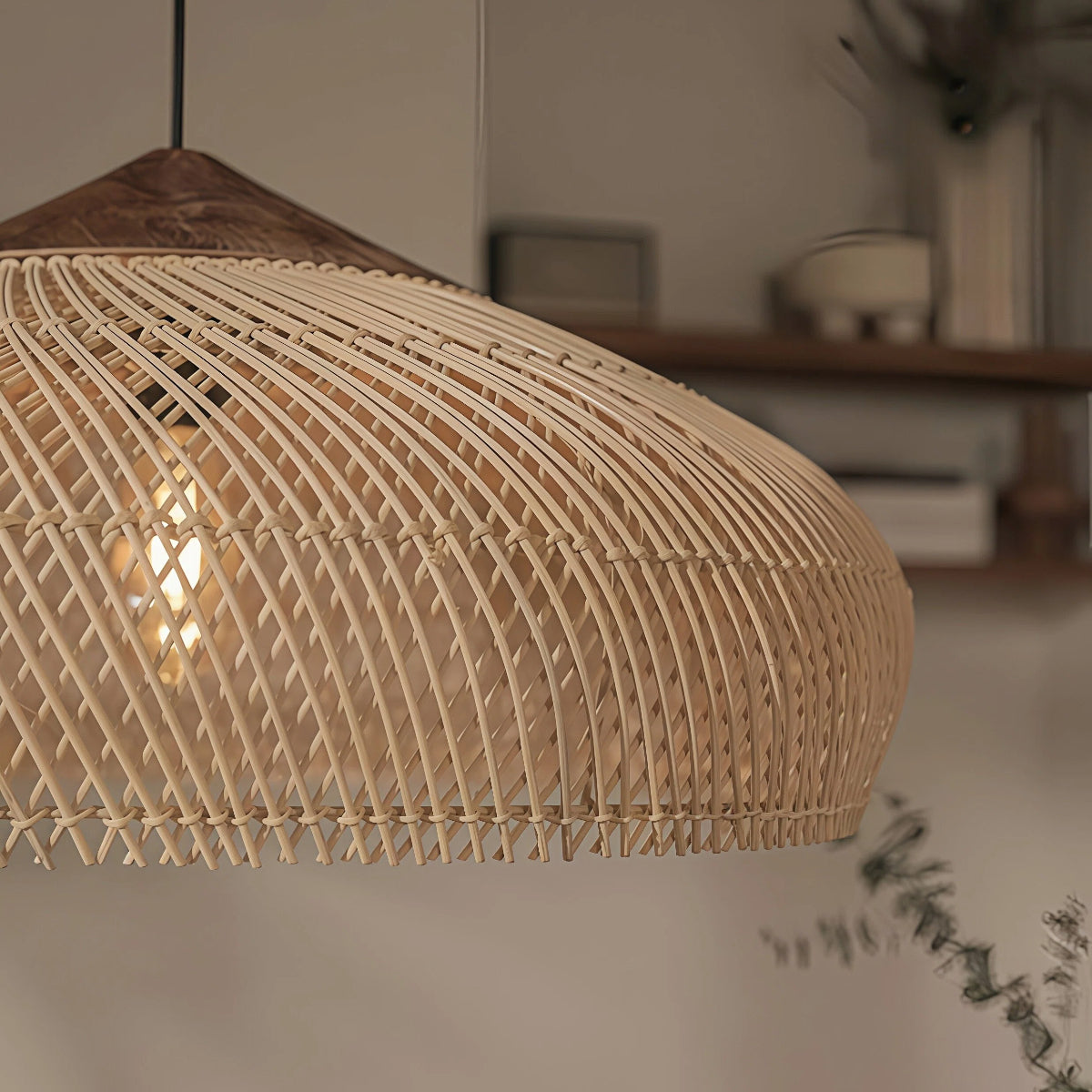 Hanglamp Bohemian Rotan met Houten Top en Gevlochten Kap