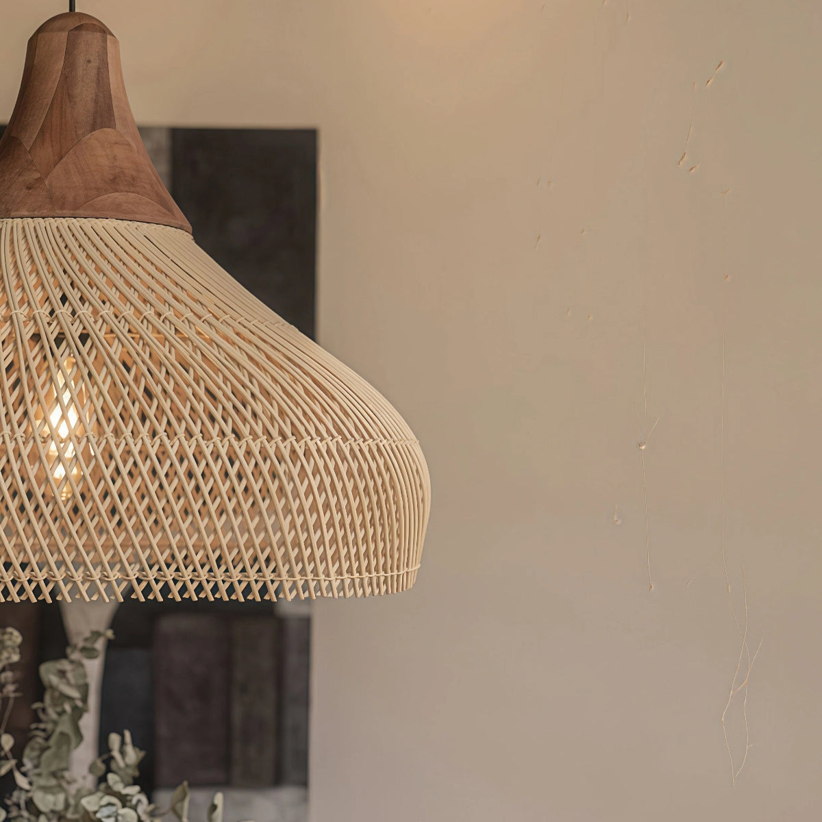 Hanglamp Bohemian Rotan met Houten Top en Gevlochten Kap