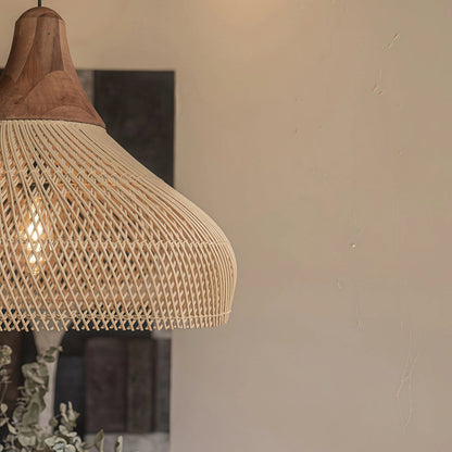 Hanglamp Bohemian Rotan met Houten Top en Gevlochten Kap