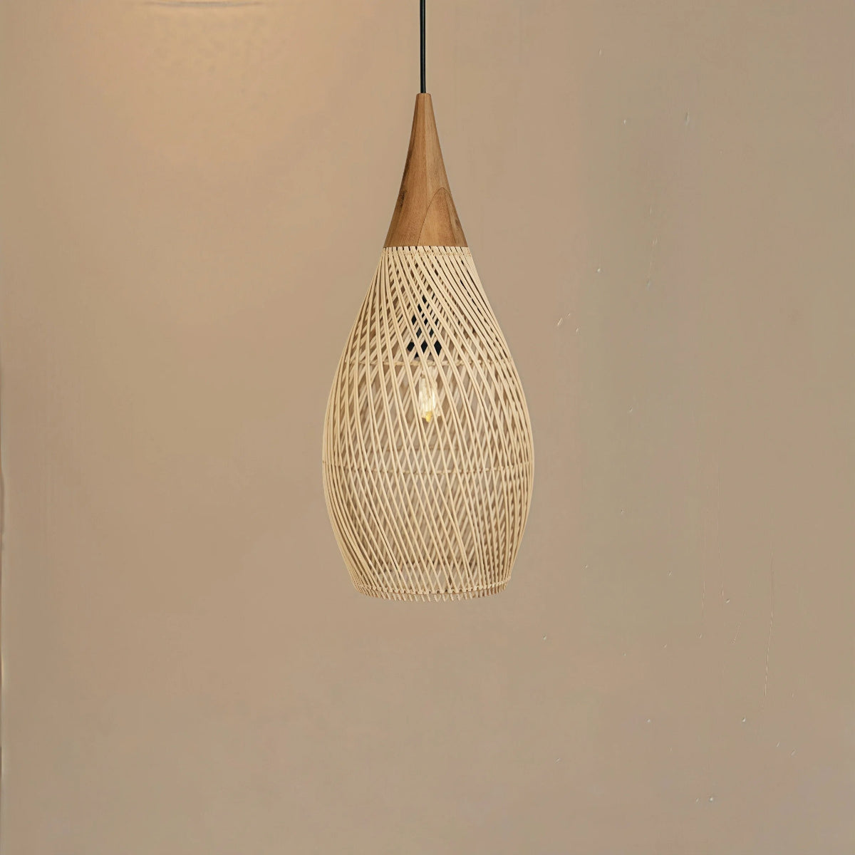 Hanglamp Bohemian Rotan met Houten Top en Gevlochten Kap