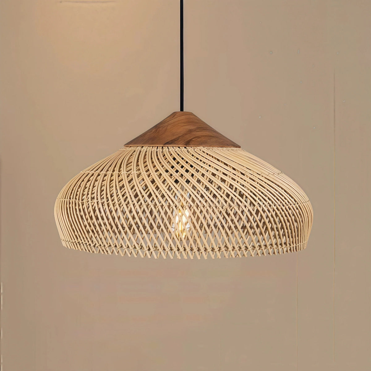 Hanglamp Bohemian Rotan met Houten Top en Gevlochten Kap