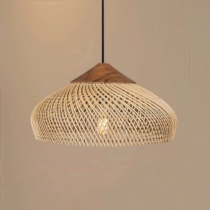 Hanglamp Bohemian Rotan met Houten Top en Gevlochten Kap