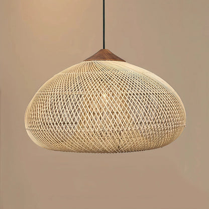 Hanglamp Bohemian Rotan met Houten Top en Gevlochten Kap