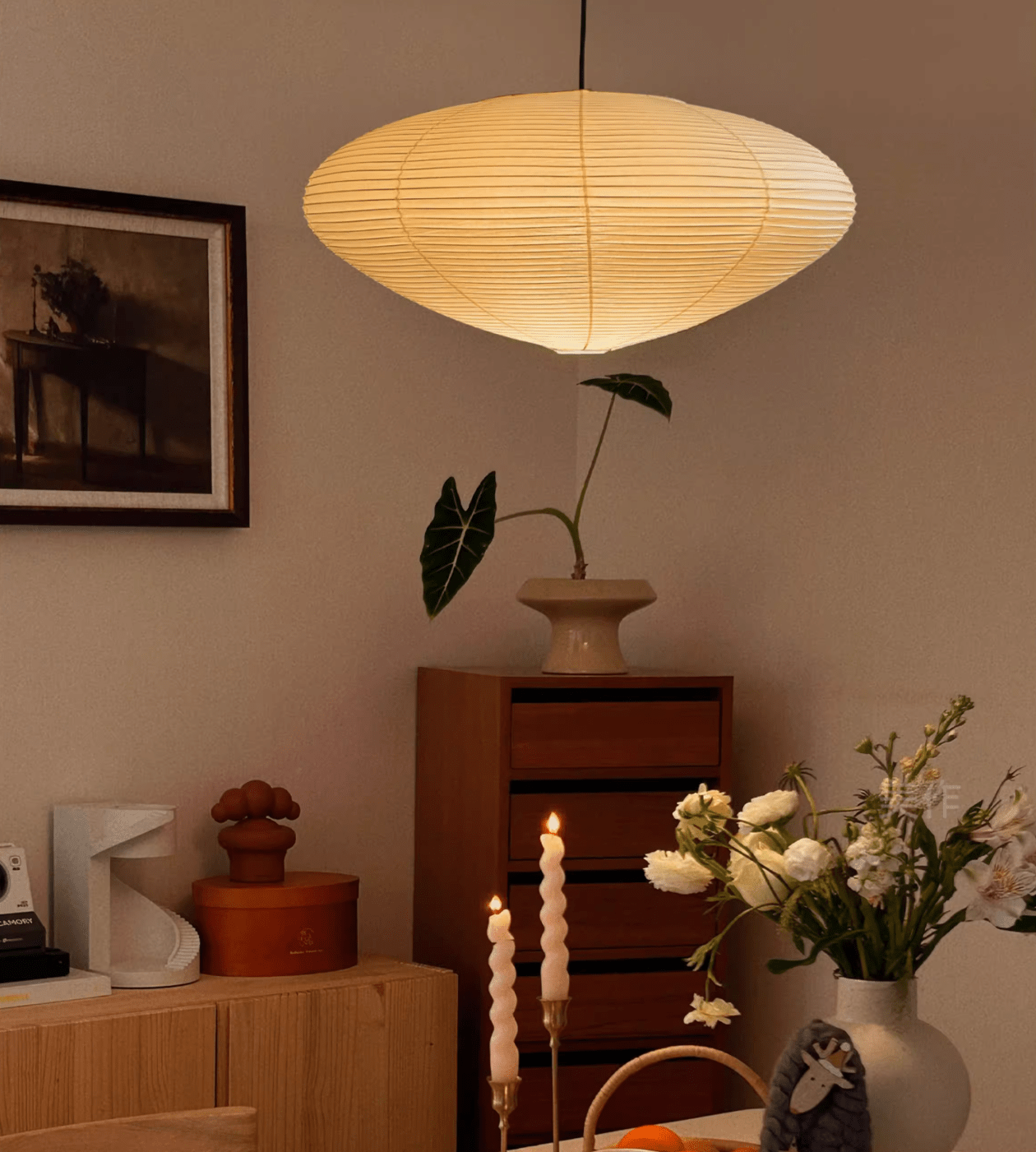 Hanglamp Japandi Washi Papier met Ovale Kap en Verstelbare Kabel