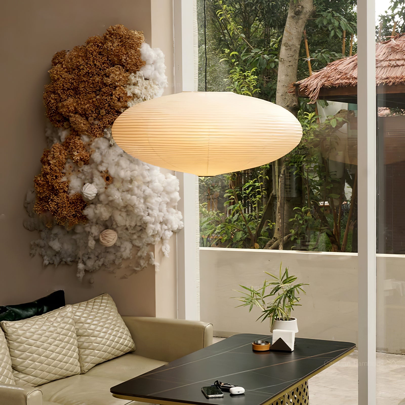 Hanglamp Japandi Washi Papier met Ovale Kap en Verstelbare Kabel