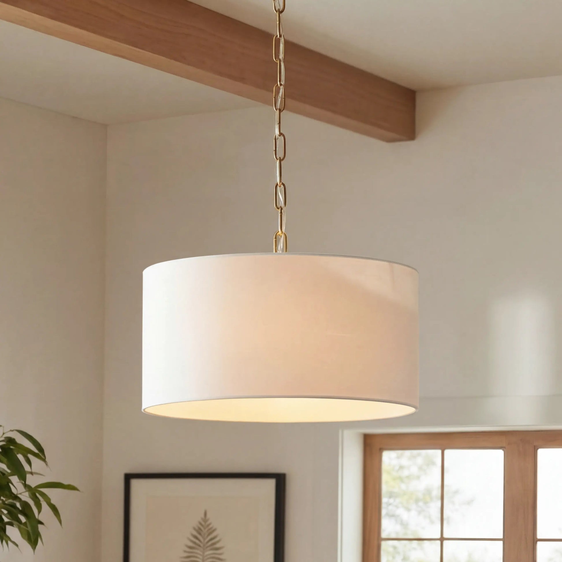 Hanglamp Landelijk met Ronde Stoffen Kap en Messing Ketting