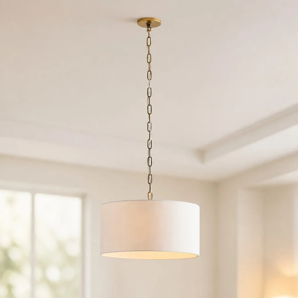 Hanglamp Landelijk met Ronde Stoffen Kap en Messing Ketting