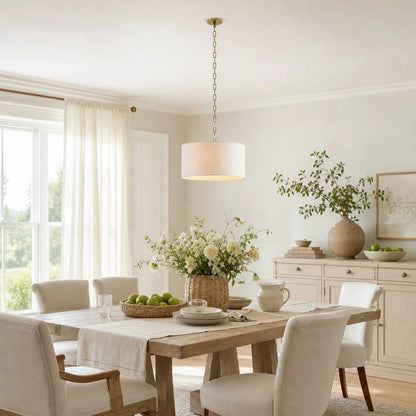 Hanglamp Landelijk met Ronde Stoffen Kap en Messing Ketting