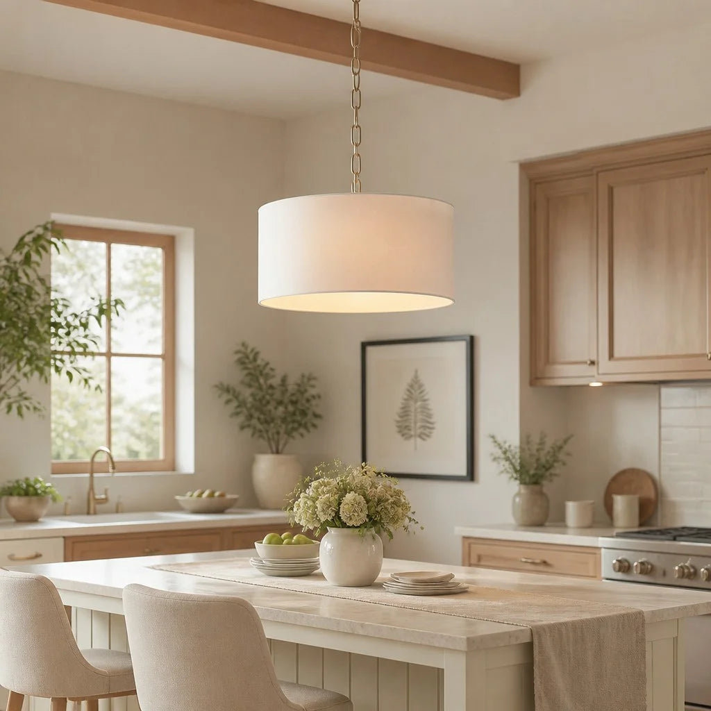 Hanglamp Landelijk met Ronde Stoffen Kap en Messing Ketting