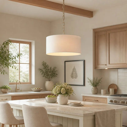 Hanglamp Landelijk met Ronde Stoffen Kap en Messing Ketting