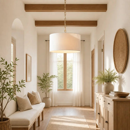 Hanglamp Landelijk met Ronde Stoffen Kap en Messing Ketting