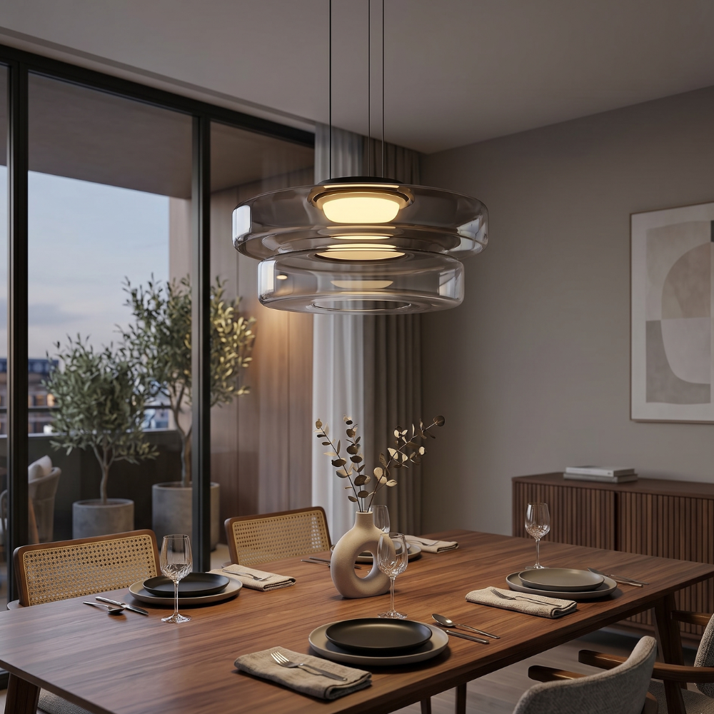 Hanglamp Minimalistisch met Gelaagd Glazen Kap en Verstelbare Hoogte