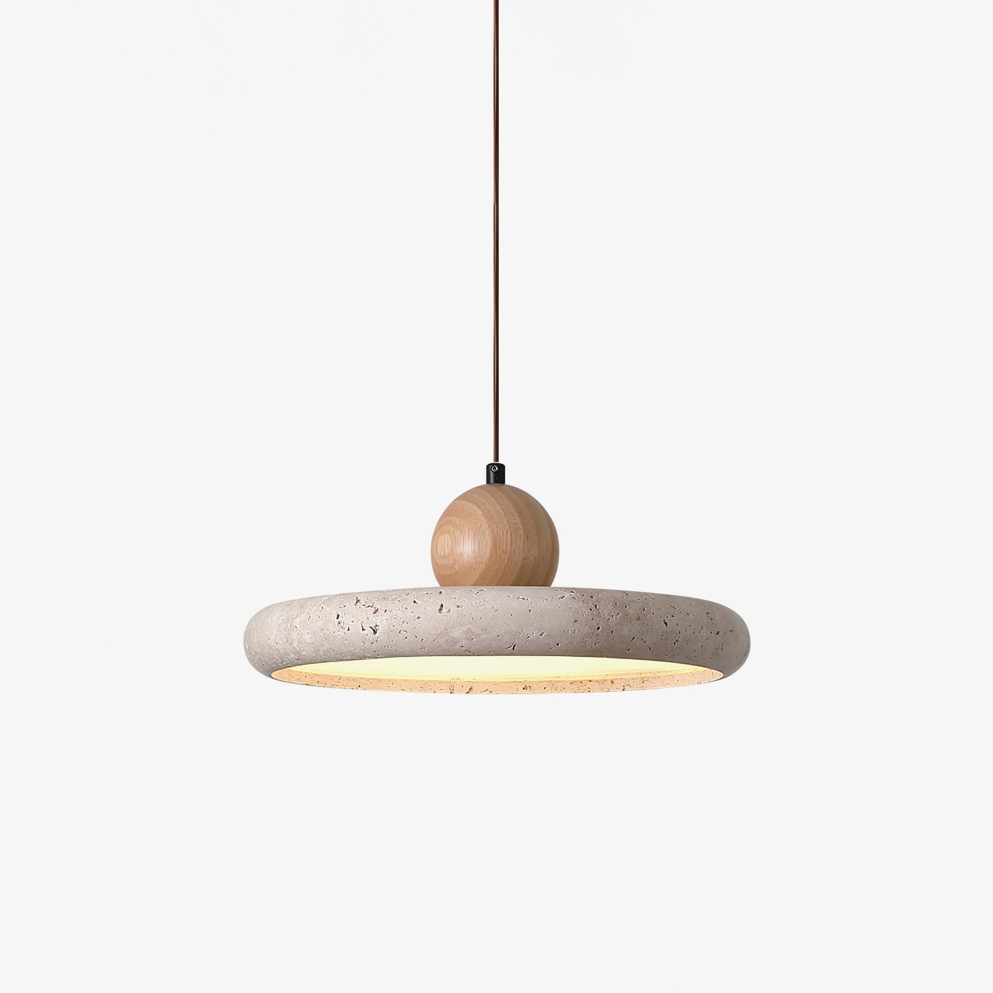 Hanglamp Minimalistisch met Ronde Travertijn Kap en Houten Accent