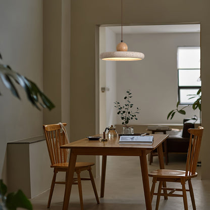 Hanglamp Minimalistisch met Ronde Travertijn Kap en Houten Accent