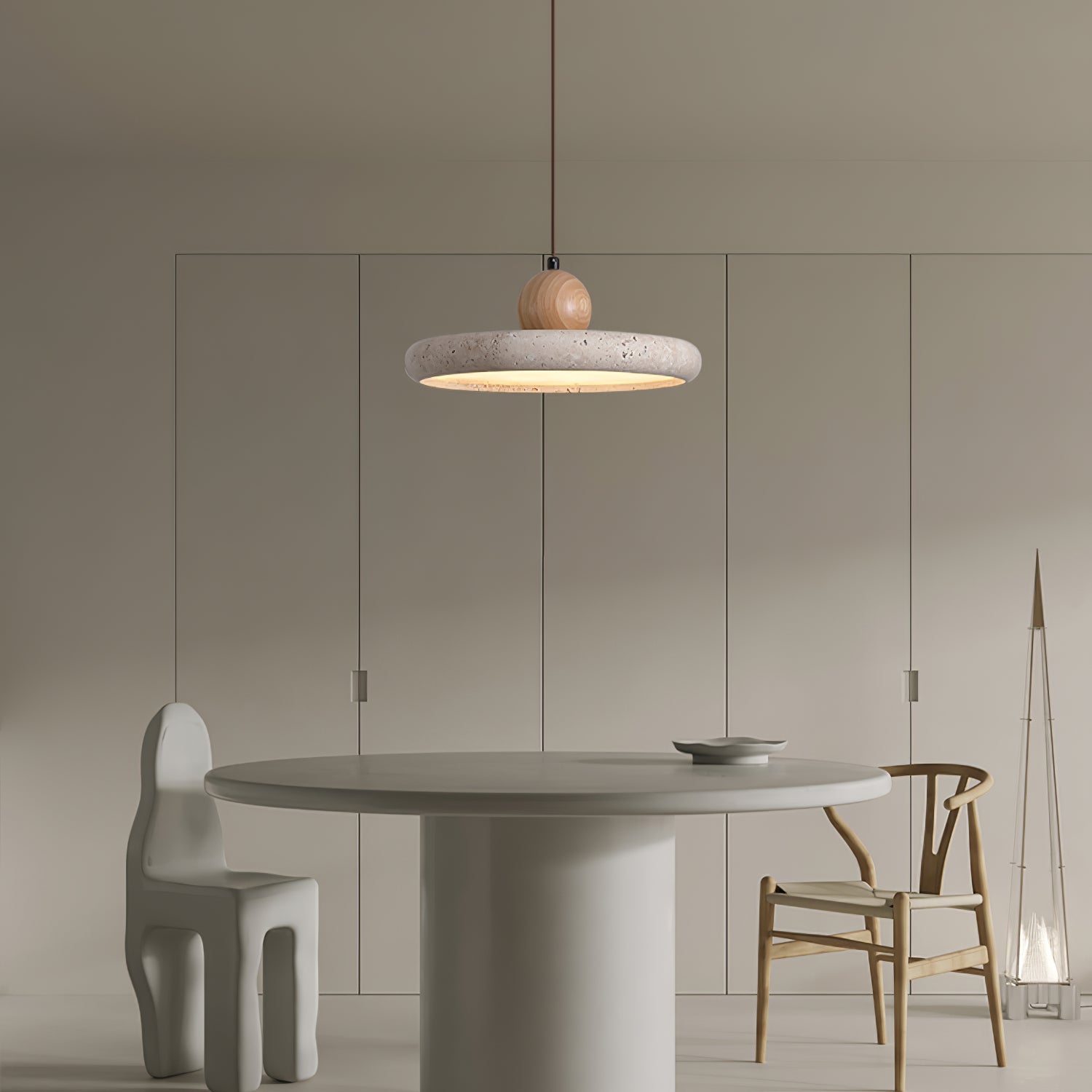Hanglamp Minimalistisch met Ronde Travertijn Kap en Houten Accent