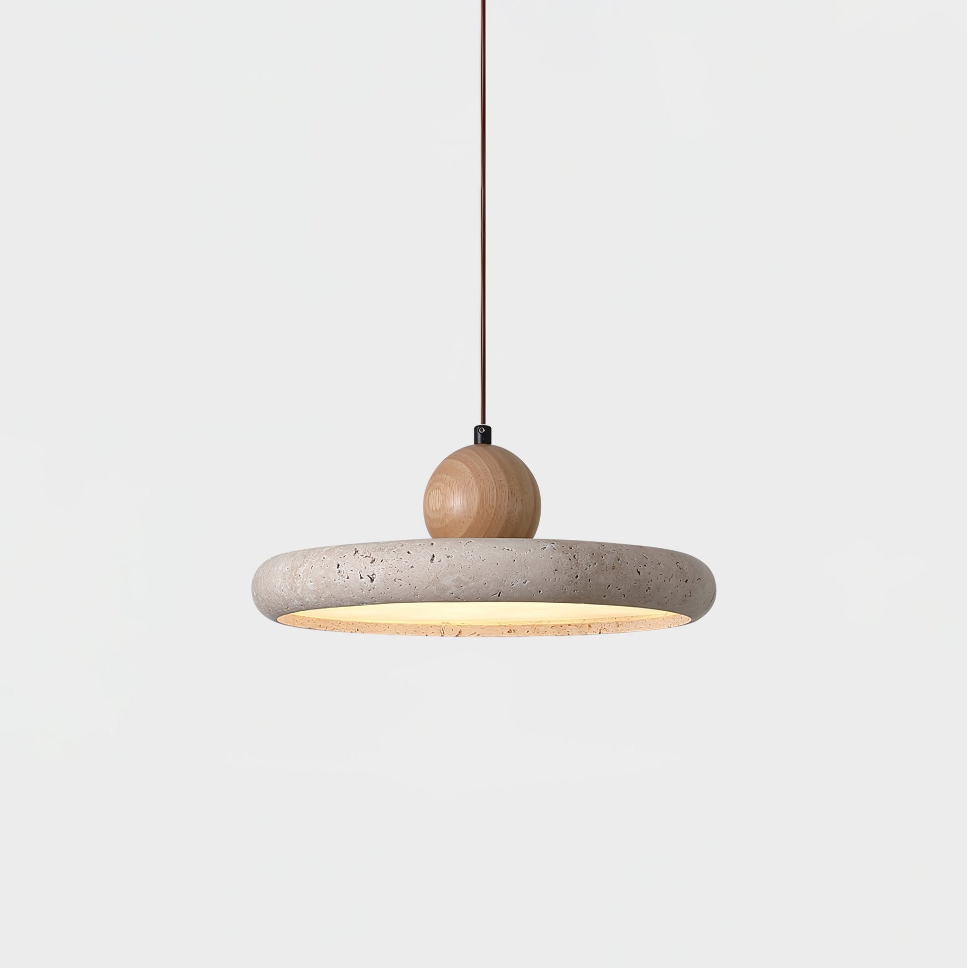 Hanglamp Minimalistisch met Ronde Travertijn Kap en Houten Accent