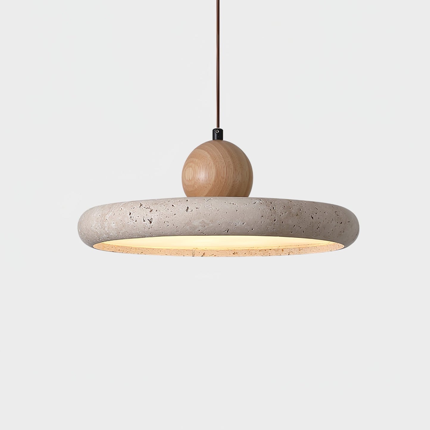 Hanglamp Minimalistisch met Ronde Travertijn Kap en Houten Accent