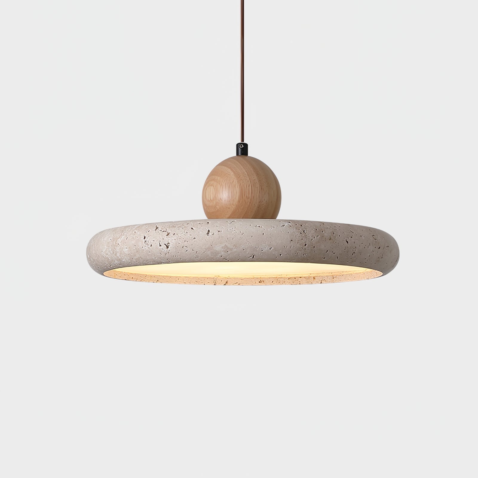 Hanglamp Minimalistisch met Ronde Travertijn Kap en Houten Accent