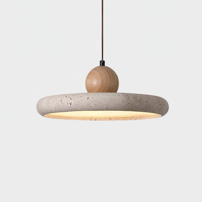Hanglamp Minimalistisch met Ronde Travertijn Kap en Houten Accent