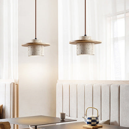 Hanglamp Modern met Travertino Kap en Houten Schijf