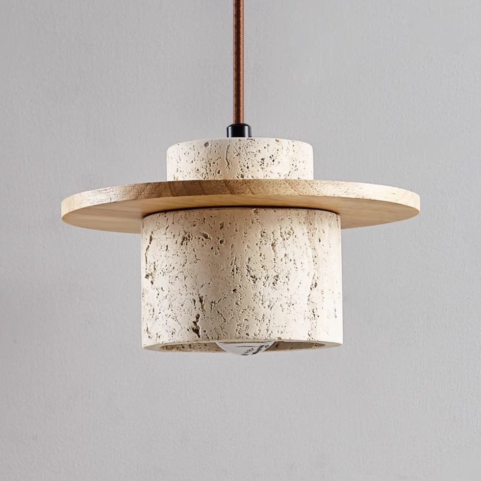 Hanglamp Modern met Travertino Kap en Houten Schijf