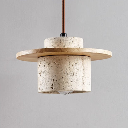 Hanglamp Modern met Travertino Kap en Houten Schijf