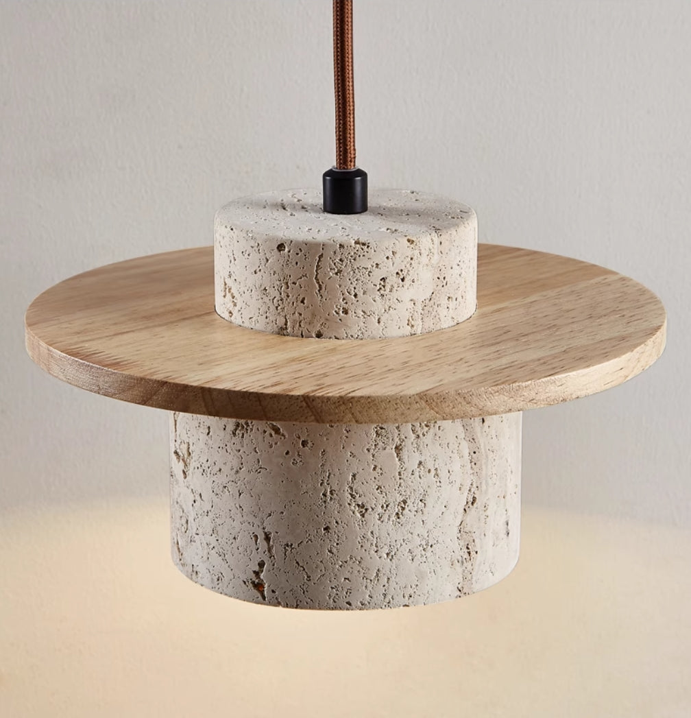 Hanglamp Modern met Travertino Kap en Houten Schijf