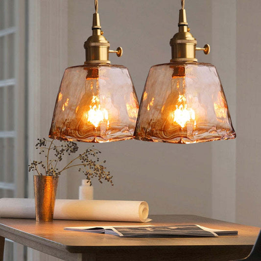 Hanglamp Retro met Amberkleurig Glazen Kap en Messing Fitting