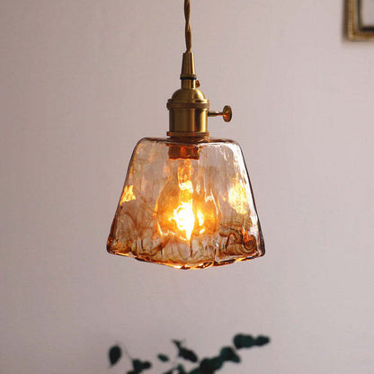 Hanglamp Retro met Amberkleurig Glazen Kap en Messing Fitting