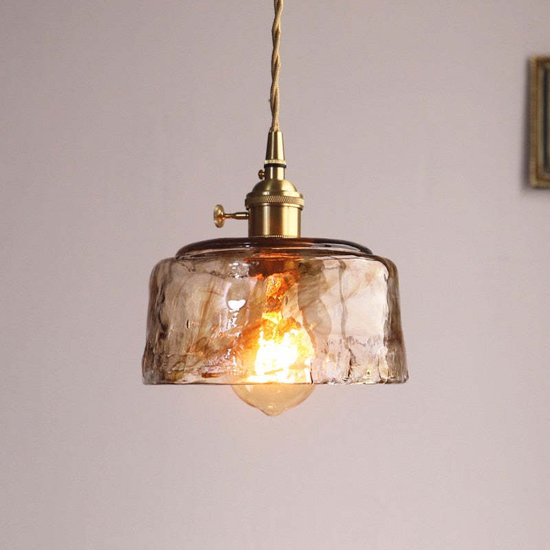 Hanglamp Retro met Amberkleurig Glazen Kap en Messing Fitting ##POS:7##