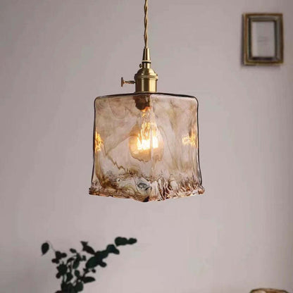 Hanglamp Retro met Amberkleurig Glazen Kap en Messing Fitting