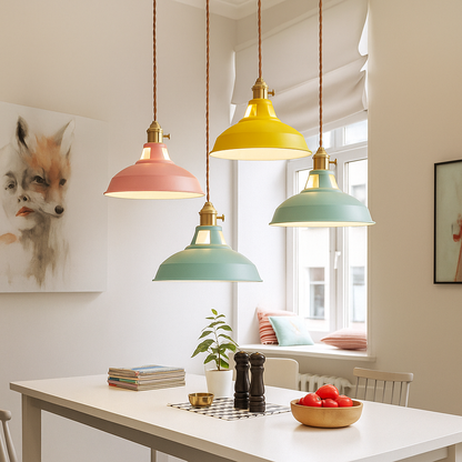 Hanglamp Retro met Gekleurde Metalen Kap en Gedraaid Snoer