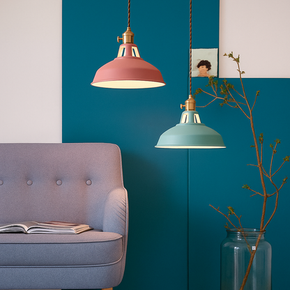 Hanglamp Retro met Gekleurde Metalen Kap en Gedraaid Snoer