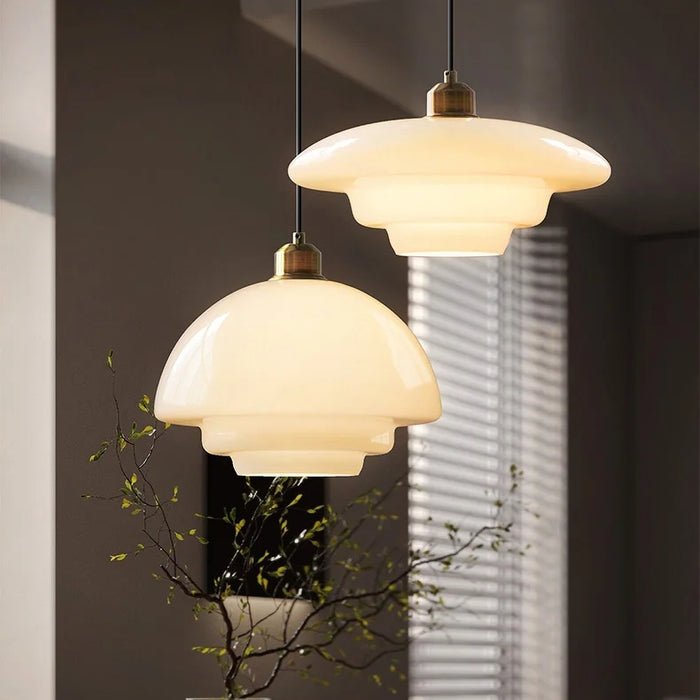 Hanglamp Retro met Gelaagde Glazen Kap en Messing Fitting