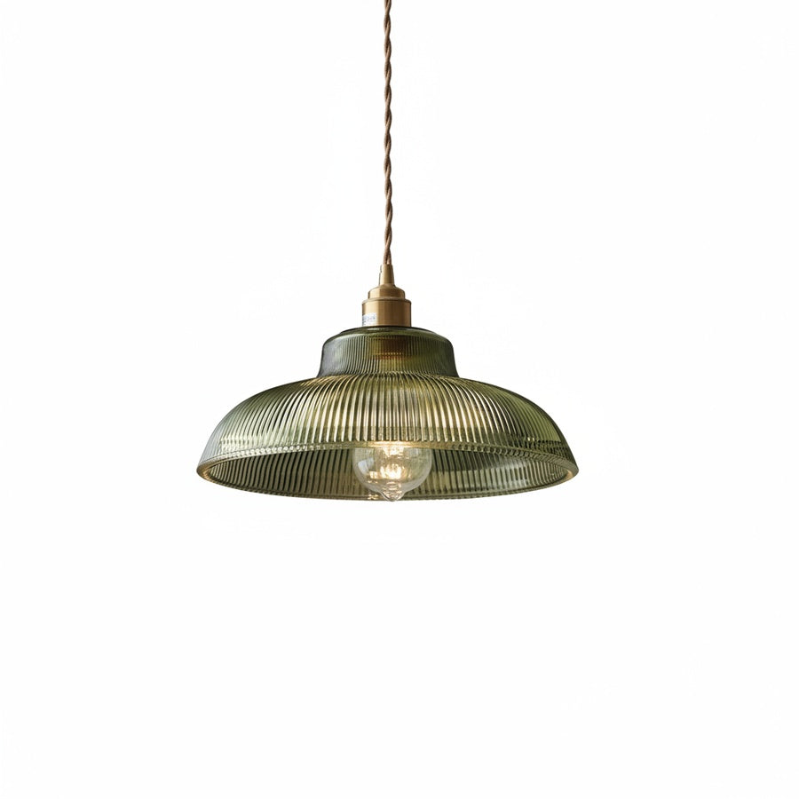 Hanglamp Retro met Geribbelde Glazen Kap en Messing Fitting