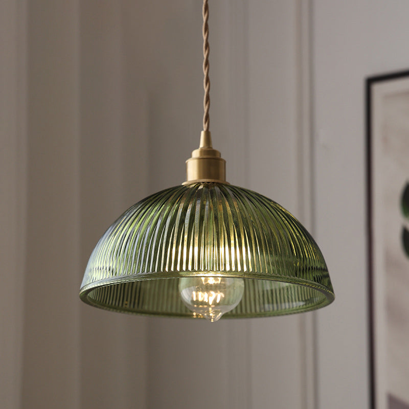 Hanglamp Retro met Geribbelde Glazen Kap en Messing Fitting