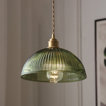 Hanglamp Retro met Geribbelde Glazen Kap en Messing Fitting