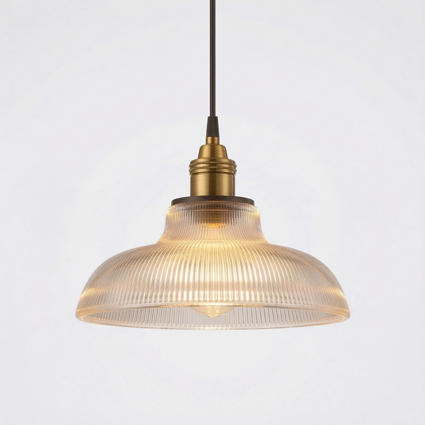 Hanglamp Retro met Geribbelde Glazen Kap en Messing Fitting