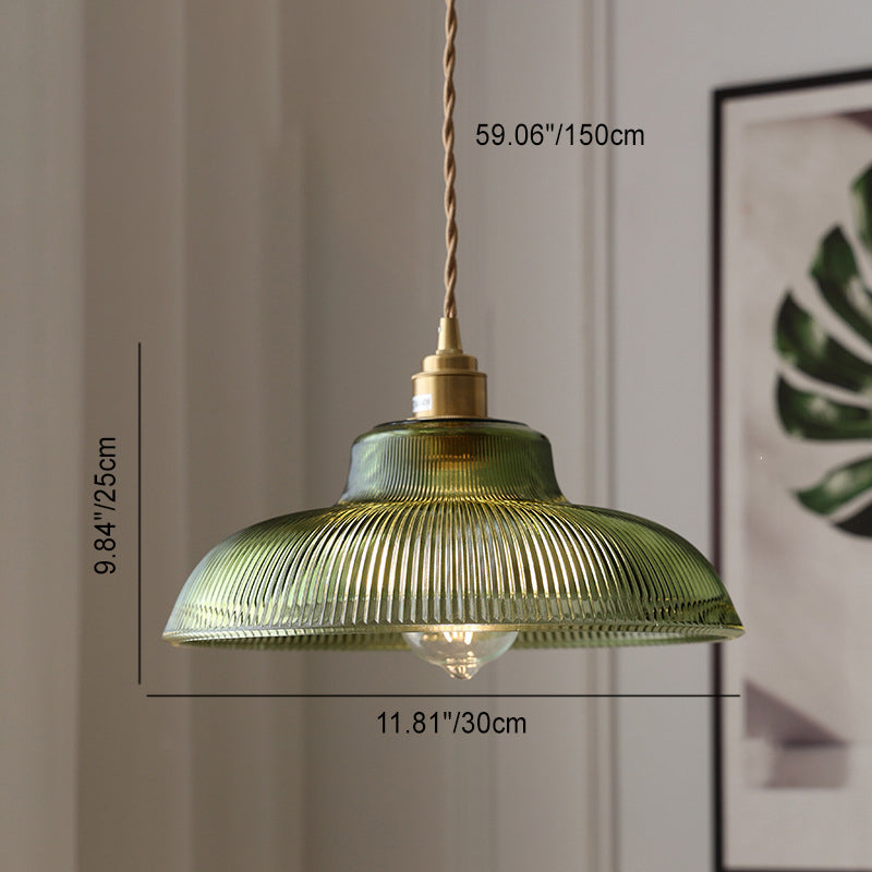 Hanglamp Retro met Geribbelde Glazen Kap en Messing Fitting