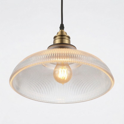 Hanglamp Retro met Geribbelde Glazen Kap en Messing Fitting