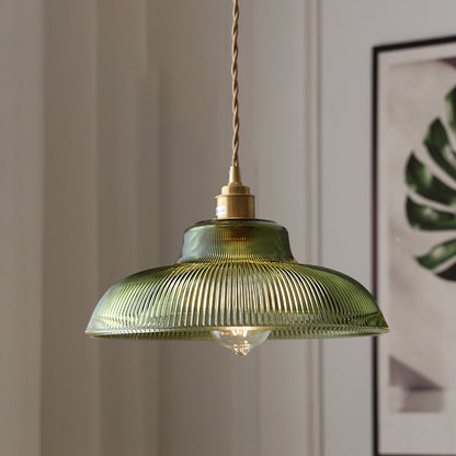 Hanglamp Retro met Geribbelde Glazen Kap en Messing Fitting