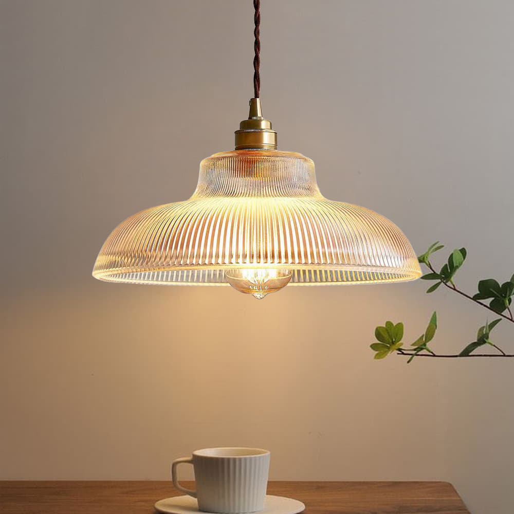 Hanglamp Retro met Geribbelde Glazen Kap en Messing Fitting E27