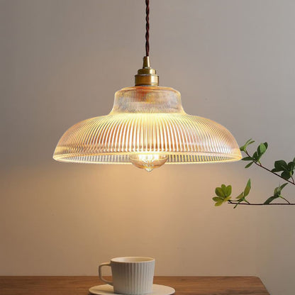 Hanglamp Retro met Geribbelde Glazen Kap en Messing Fitting E27
