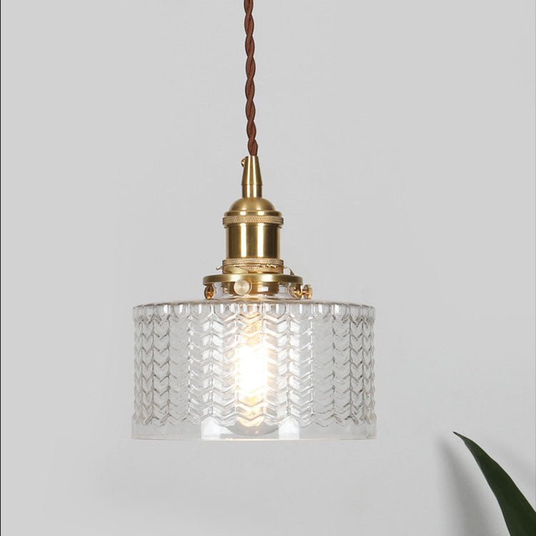 Hanglamp Retro met Getextureerde Glazen Kap en Messing Fitting