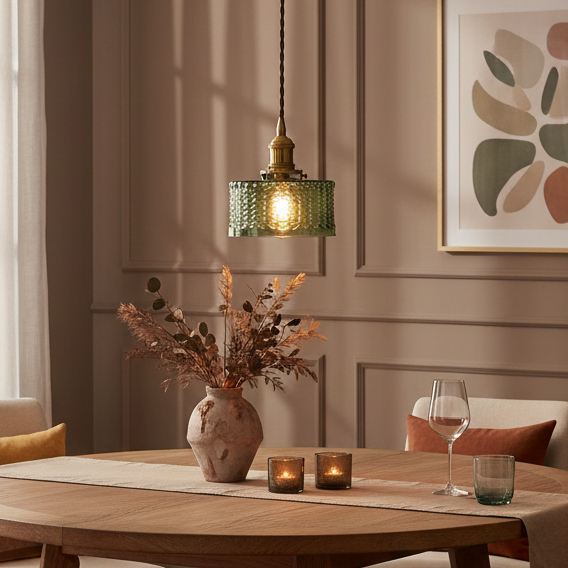 Hanglamp Retro met Getextureerde Glazen Kap en Messing Fitting
