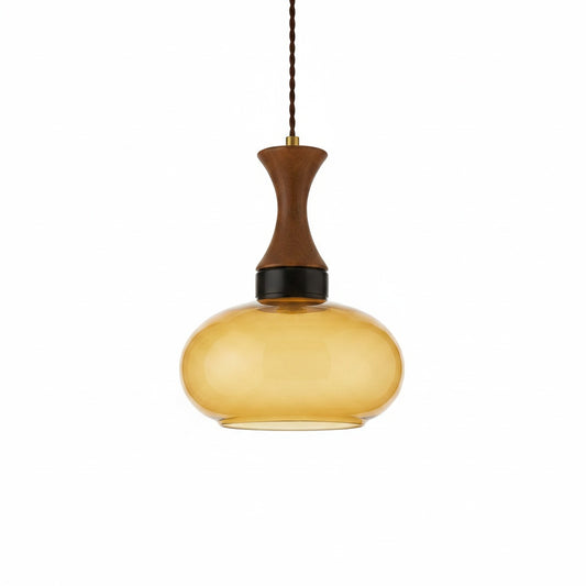Hanglamp Retro met Glazen Kap en Houten Detail
