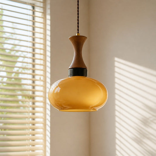 Hanglamp Retro met Glazen Kap en Houten Detail