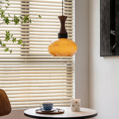 Hanglamp Retro met Glazen Kap en Houten Detail